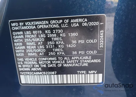 2021 Volkswagen Atlas 3.6L V6 Sel Premium from USA, damaged, VIN 1V2TR2CA8MC522087